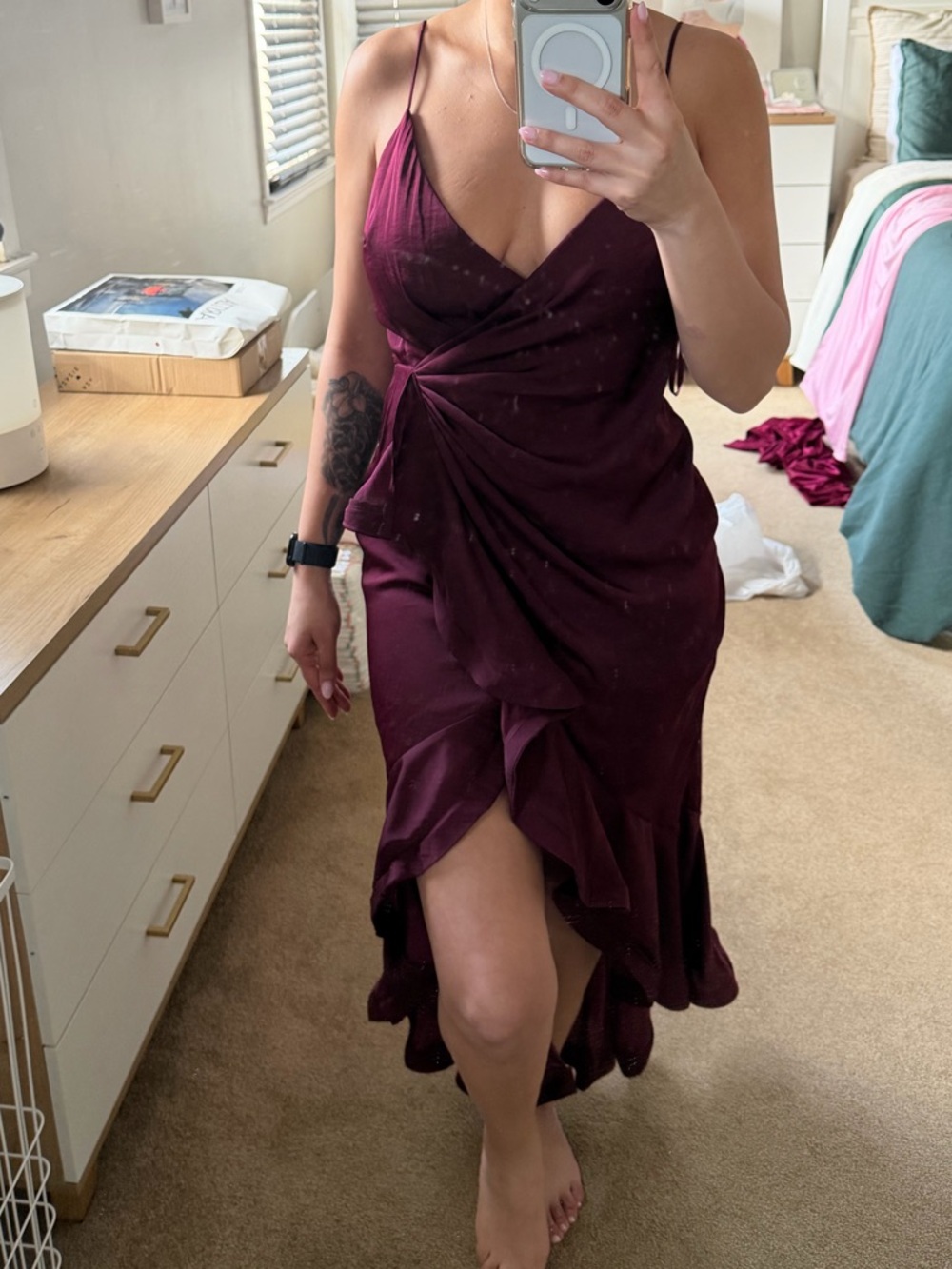 Women's Burgundy Spaghetti Strap Wrap Dress